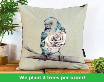 Rustic Rosa Flight Vegan-Suede Cushion by Kat Baxter | Floral Bird Cushion | Bird Throw Pillow | Beautiful Bird Gift | Unique Bird Decor