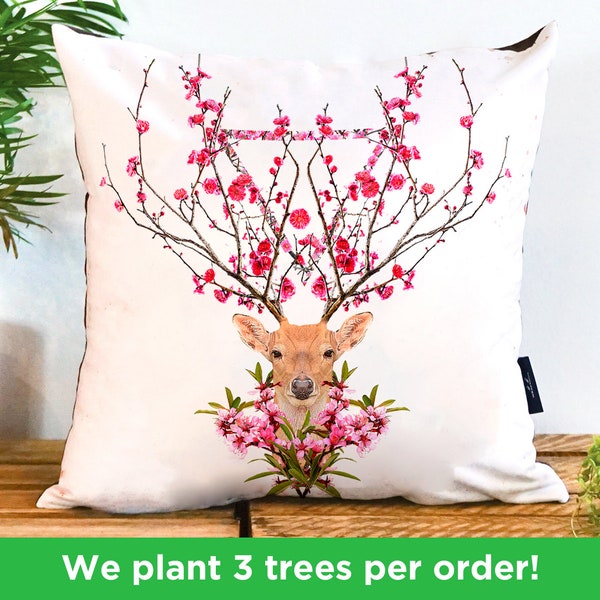 Blossom Deer Vegan Cushion by Robert Farkas | Flowery Garden Stag Cushion | Spring Deer Illustration Pillow with Blossom | Pink Stag Gift