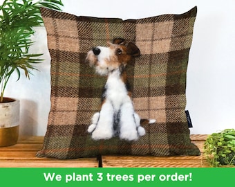 Wire Fox Terrier Vegan Cushion by Sharon Salt - Print not 3D | Dog Lover Throw Pillow | Terrier Tartan Sofa Cushion | Fox Terrier Gift