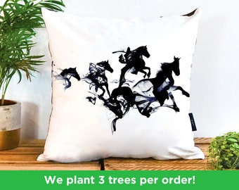 Stunning Horse Cushion by Robert Farkas | Black Horses Smokey Vegan-Suede Pillow | Horses Illustration Cushion Cover | Horse Christmas Gift