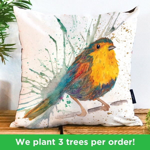 Bird Cushion by Katherine Williams | Robin Cushion | Robin Pillow | Sparrow Cushion | Bird Pillow | Decorative Cushion | Vegan Suede