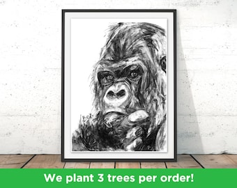 Gorilla Art Print Gorilla Wall Art Ape Charcoal Illustration Gorilla Black and White Ape Home Decor Gorilla Jungle Animal Print by Bex