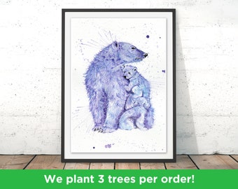 Polar Bear Print by Katherine Williams | Family Bear Wall Art | Splatter Polar Bear Print | Winter Bear Home Decor Illustration