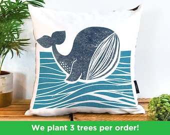 Whale Of A Time Handmade Cushion by Bells Scambler | Whale Illustration Pillow | Whale Illustration | Sea-life Birthday Gift