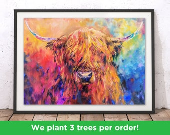 Rainbow Cow Print by Sue Gardner | Colourful Cow Wall Art | Highland Cow Print | Scottish Highland Cow Home Decor Illustration