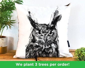 Charcoal Owl Pillow by Bex Williams | Black and White Owl Cushion | Owl Vegan-Suede Cushion | Gift For Owl Lovers | Wise Owl Cushion