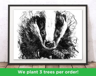 Badger Art Print Badger Wall Art Badger Charcoal Illustration Badger Black and White Home Decor Badger Animal Gift For New Home by Bex