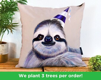 Cute Party Sloth Vegan Cushion by Adam Barsby | Cheeky Sloth Handmade Pillow | Sloth Birthday Present | Sloth Bedding Housewarming Gift
