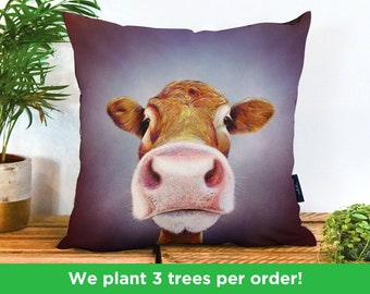 Nosey Cow Faux-Suede Cushion by Adam Barsby | Funny Cow Selfie Pillow | Farm Yard Cushion made in the UK | Cow Gift