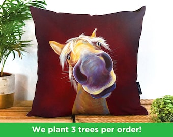 Funny Horse Vegan-Suede Cushion by Adam Barsby | Equestrian Pillow | Horse Gift | Pony illustration Cushion | Mare Cushion