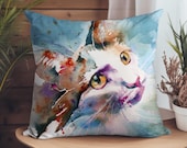 Cute Cat Vegan Cushion by Liz Chaderton | Kitten Cushion | Blue Cat Pillow | Pet Cat Cushion Cover | Cat Art Bedding | Cat Lovers Gift