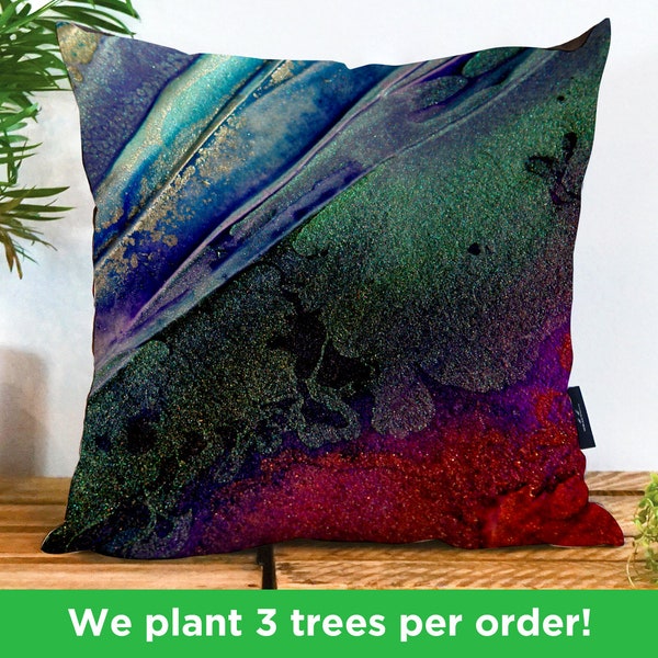 Rich Abstract Gala Vegan Cushion by Rosalind Dando | Beautiful Pillow | Stunning Colourful Green | Pink Cushion Cover | Abstract Pillow Case