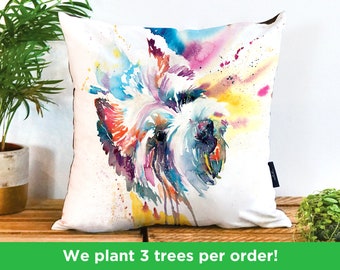 Westie Vegan Cushion by Liz Chaderton | West Highland Terrier Watercolour Art Pillow | Dog Cushion | White Terrier Pillow | Westie Gift