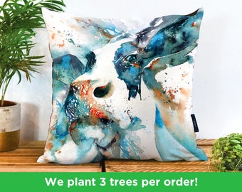 Blue Cow Pillow by Liz Chaderton | Cow Watercolour Vegan Cushion | Cow Cushion | Cow Bedding | Cow Home Furnishings | Cow Farmyard Gift