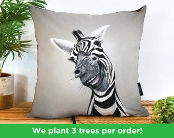 Cheeky Zebra Vegan-Suede Cushion by Adam Barsby | Zebra Pillow | Wildlife Gift | Zebra Painting Cushion | Zebra Cushion