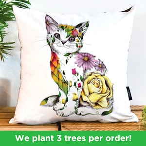 Floral Cat Cushion by Kat Baxter, Vegan-Suede Cat Gift Floral Cat Pillow Rose Cat Flower Cushion Kitten Illustration image 1