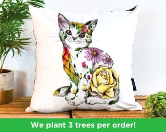 Floral Cat Cushion by Kat Baxter, Vegan-Suede | Cat Gift | Floral Cat Pillow | Rose Cat Flower Cushion | Kitten Illustration