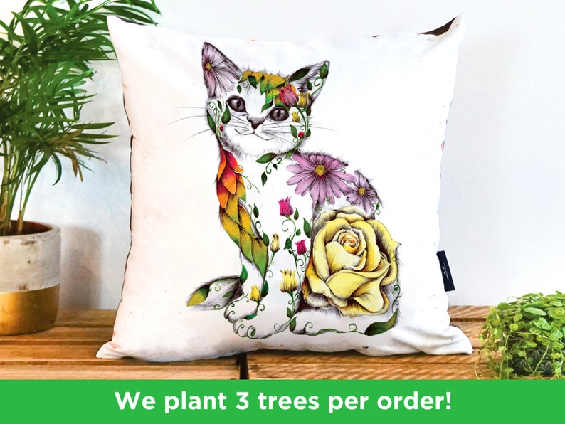 Floral Cat Cushion by Kat Baxter, Vegan-Suede Cat Gift Floral Cat Pillow Rose Cat Flower Cushion Kitten Illustration image 1