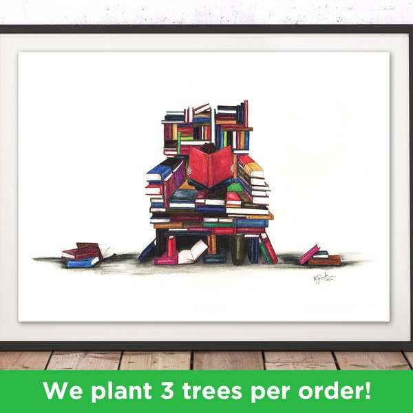 Book Illustration Lovers Art Print Geekery Nerd Print Bibliophile for Book Lovers Gift For Library Storytime Kids Bedroom School by Rosalind