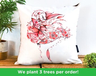 Floral Flamingo Vegan Cushion by Kat Baxter | Pink Flamingo Throw Pillow | Flamingo Nursery Cushion | Exotic Bird Decor | Flowery Flamingo