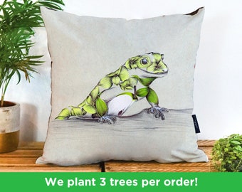 Rustic Frog illustration Pillow by Kat Baxter | Floral Frog Vegan-Suede Cushion | Beautiful Green Toad Throw Cushion | Frog Cushion