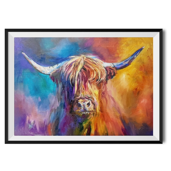 Harris the Highland Cow Print door Sue Gardner Kleurrijke Cow Wall