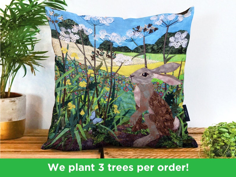 Buttercup Spring Hare Cushion by Kate Findlay Summer Hare with Flowers Vegan Pillow Collage-Inspired Handemade Rabbit Field Cushion image 1