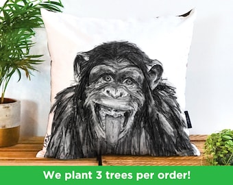 Charcoal Chimp Cushion by Bex Williams | Vegan-Suede Monkey Cushion Cover | Chimpanzee Pillow | Monkey Gift Idea Home Decor