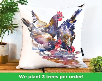 Chickens Farm Cushion by Liz Chaderton | Chicken Flock Watercolour Pillow | Brood of Hens Cushion | Chickens Cushion Cover | Cockerel Pillow