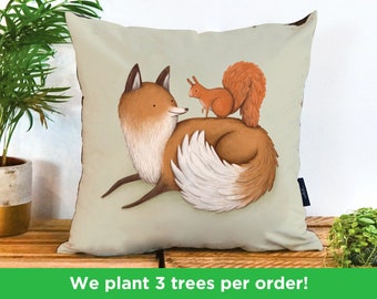 Fox and Squirrel Pillow by Sophie Corrigan | Cute Fox Vegan Gift Cushion | illustrated Squirrel Cushion | Fox and Squirrel lovers