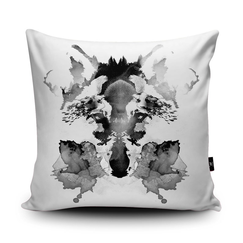 Rorschach Wolf Cushion by Robert Farkas Stunning Wolf Illustration Cushion Vegan-Suede Animal Pillow with Birds, Fish, Stags and Wolves image 2