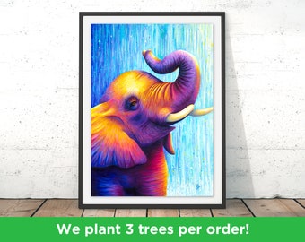 Stunning Elephant Print by Rachel Froud | Colourful Elephant Wall Art | Elephant Print | Beautiful Boho Elephant Decor Illustration
