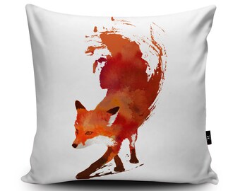 Fox Vegan-Suede Cushion by Robert Farkas | Running Red Fox Pillow | Handmade Foxy Cushion Cover | Animal Pillow | Fox Illustration Art Decor