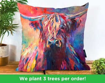 Highland Cow Painting Pillow by Sue Gardner | Highland Cow Vegan-Suede Cushion | Beautiful Scottish Cow Throw Cushion | Bull Cushion