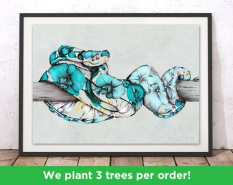 Rustic Viper Print by Kat Baxter | Colourful Snake Wall Art | Floral Viper Print | Beautiful Flower Snake Home Decor Illustration