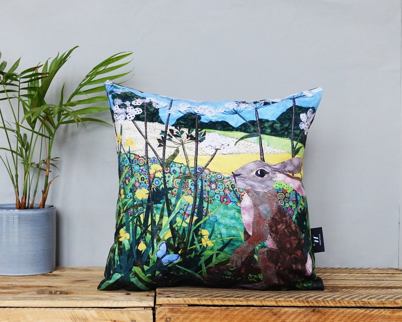 Buttercup Spring Hare Cushion by Kate Findlay Summer Hare with Flowers Vegan Pillow Collage-Inspired Handemade Rabbit Field Cushion image 8
