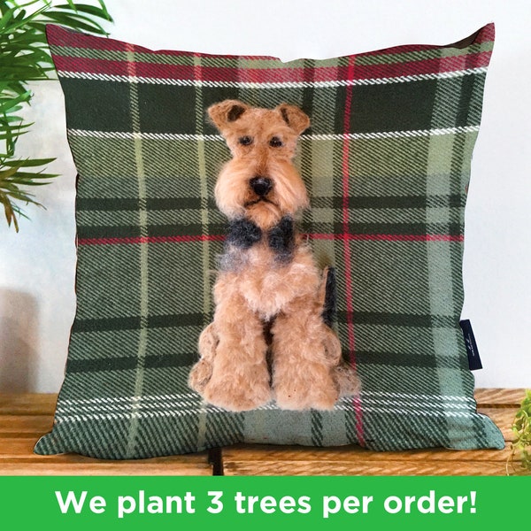 Airedale Terrier Vegan-Suede Cushion par Sharon Salt - Imprimer pas 3D Oreiller d’amant de chien ( Coussin de sofa terrier avec Tartan Cas d’oreiller de feutre