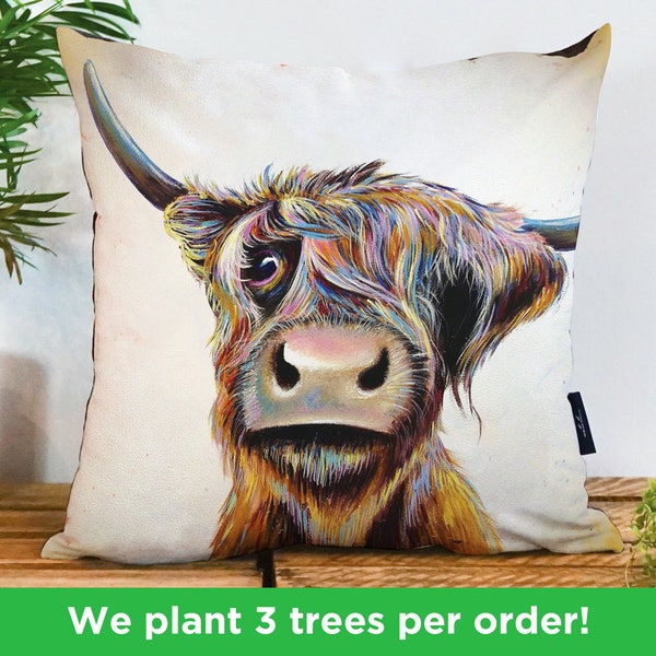 Cute Highland Cow Cushion by Adam Barsby | Colourful Highland Cow Pillow | Vegan-Suede Scottish Cow Cushion | McCoo Pillow