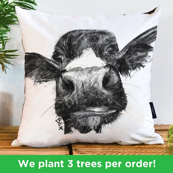 Charcoal Cow Vegan Cushion by Bex Williams | Black and White Cow Pillow | Handmade Cow Illustration Cushion Cover | Cow's Face Throw Bedding