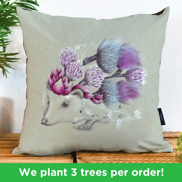 Rustic Hedgehog Pillow by Kat Baxter | Cute Hedgehog Vegan Gift Cushion | Floral Hedgehog Cushion | British Countryside Present