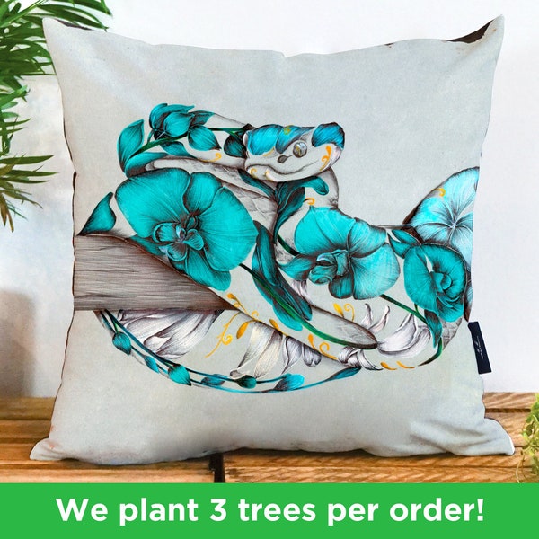 Rustic Viper Illustration Pillow par Kat Baxter | Coussin floral de serpent végétalien-suede | Beau coussin bleu de jet de vipère | Coussin de serpent