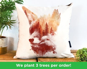 Fox in the Woods Vegan Pillow by Robert Farkas | Fox Forest Cushion Gift | Fox Art Soft Furnishings | Autumn Wildlife Handmade Cushion