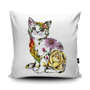 Floral Cat Cushion by Kat Baxter, Vegan-Suede Cat Gift Floral Cat Pillow Rose Cat Flower Cushion Kitten Illustration image 2