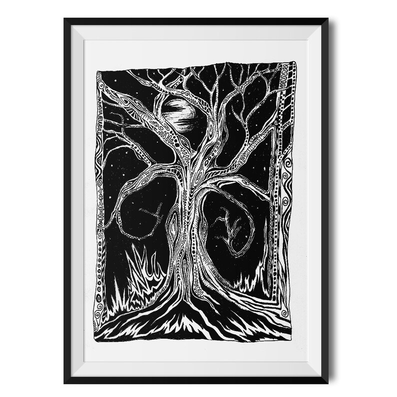Woodland Art Print Moonlight Forest Wall Art Black and White Etsy