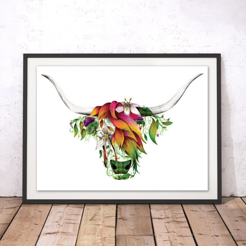 Fl Highland Cow Print Flowers Coo Art Image 0