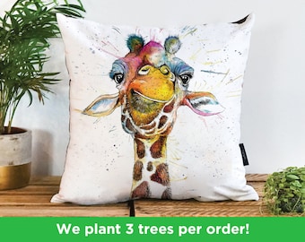 Rainbow Giraffe Illustration, Vegan Cushion by Katherine Williams | Colourful Giraffe Pillow | Happy Giraffe Art Bedding | Vegan-Suede