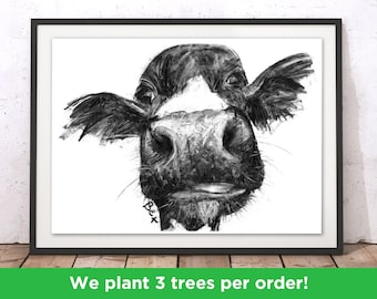 Cow Art Print Wall Art Charcoal Illustration Cow Kitchen Print Cow Gift for New Home Cow Wall Hanging Kitchen Art Farm Decor by Bex