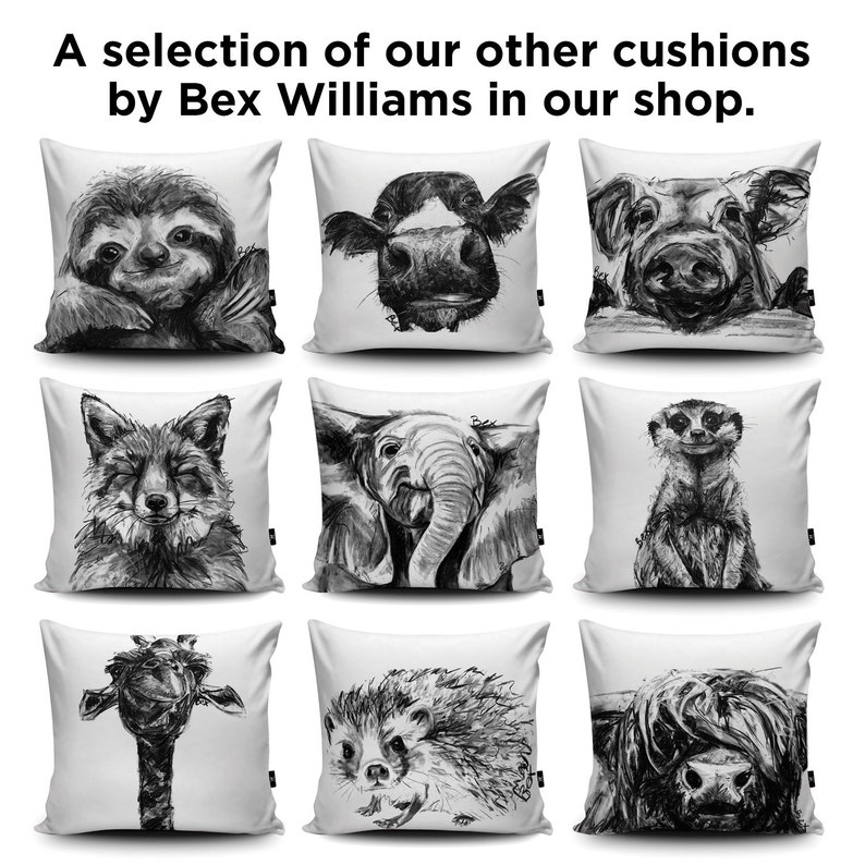 Charcoal Cow Vegan Cushion by Bex Williams Black and White Cow Pillow Handmade Cow Illustration Cushion Cover Cow's Face Throw Bedding image 5