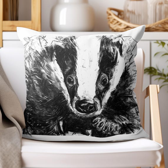 Charcoal Badger Vegan Cushion by Bex Williams Black and White Badger Pillow Hufflepuff Cushion Badger Illustration Sofa Decor Etsy Canada