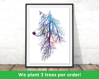 Wild Wolf Tree Wall Art, Abstract Wolf Tree Art Print, Beautiful Wolf Print, Wolf Painting, Wolf Forest Print, Wolf Gift by Robert Farkas
